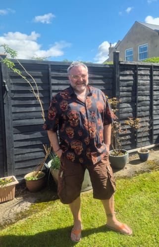 Customer photo review of Men's Skull Hawaiian Camp Cool Short Sleeve Shirt
