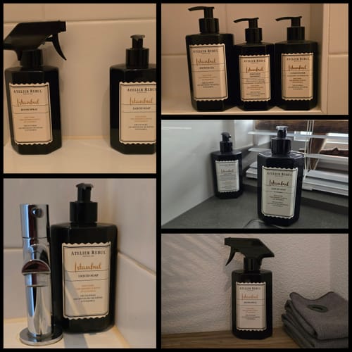 Collage van een recensent met de Istanbul Roomspray en andere bijpassende producten, uitgestald in een badkamer.