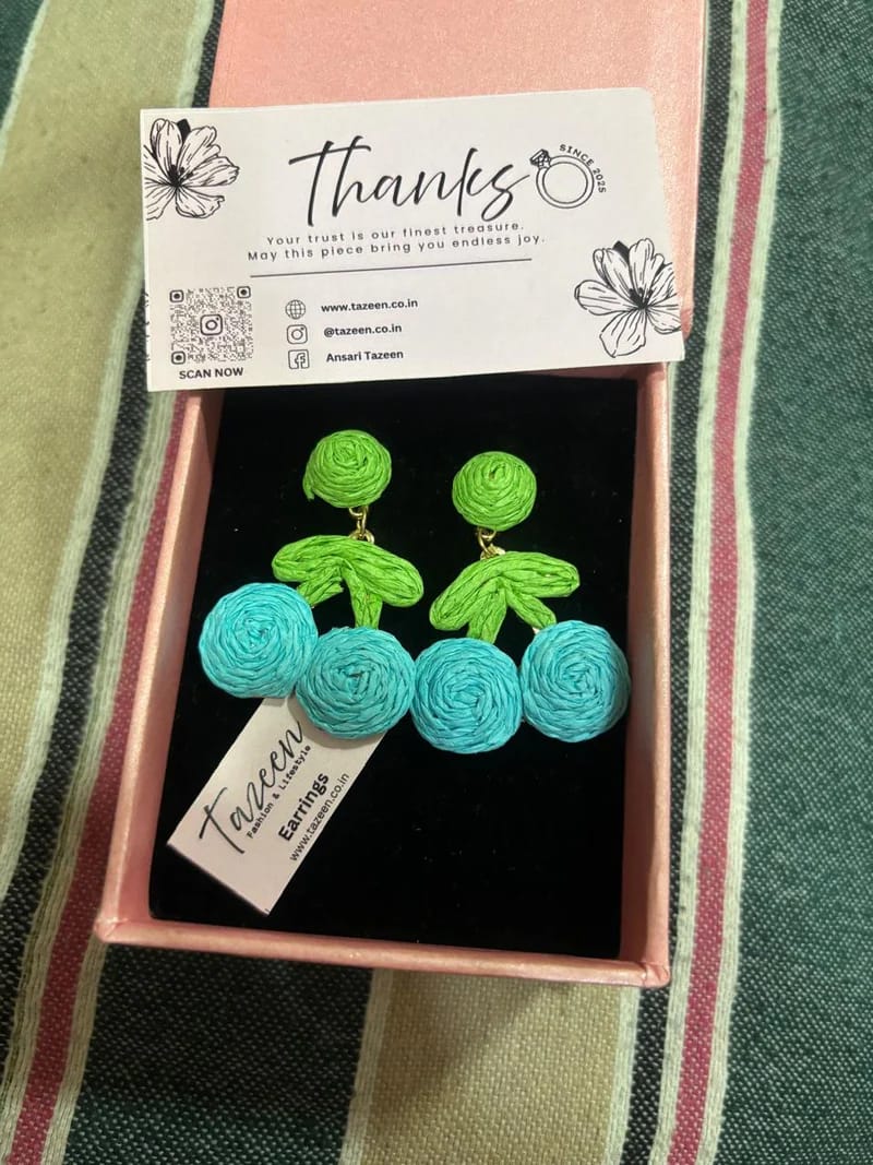 Customer photo review of Handcrafted Thread Earrings – Sky Blue Design for Women