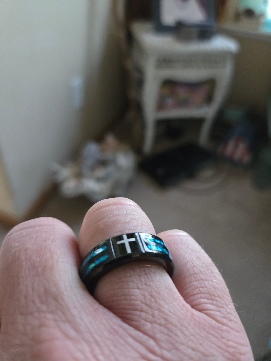 Customer photo review of FREE Today: Modern Titanium Steel Cross Ring with Laser Blue Inlay: Serenity in Christ's Blue Light