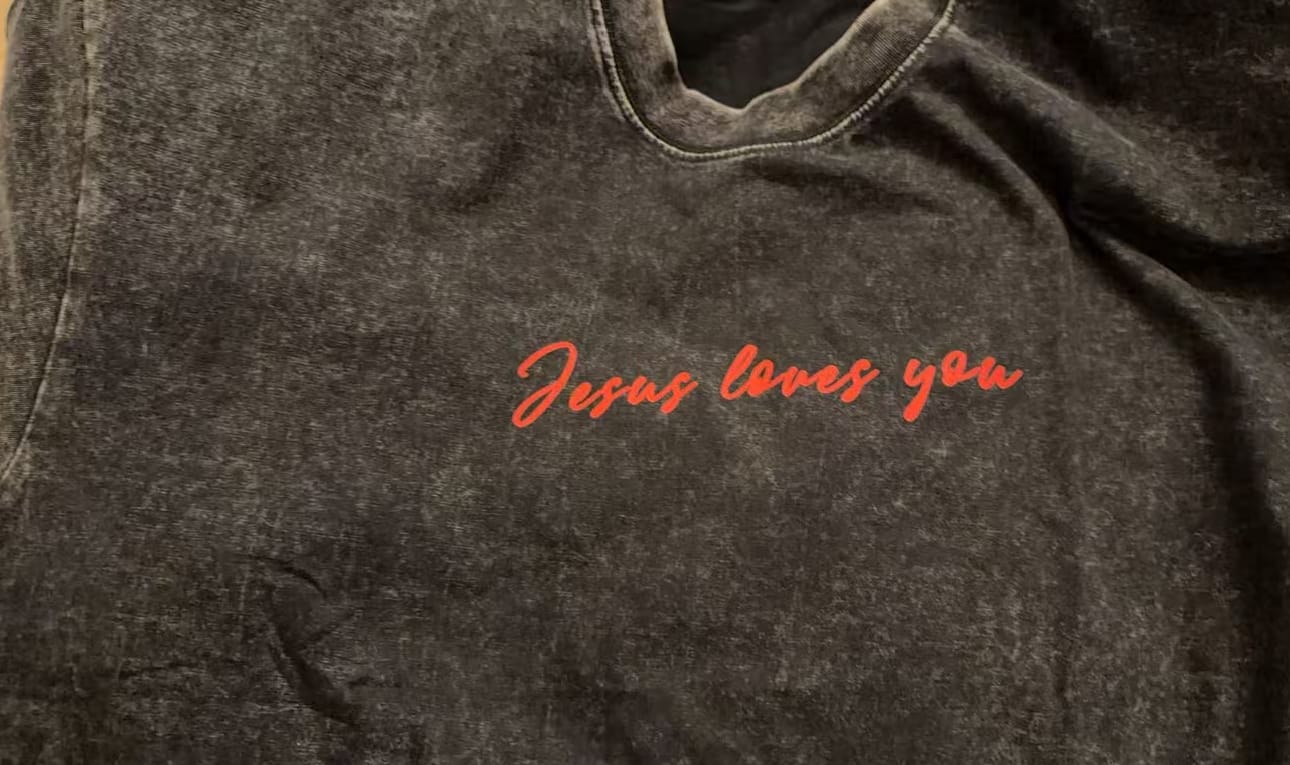 Customer photo review of Jesus Loves You Heart Message Unisex Tee