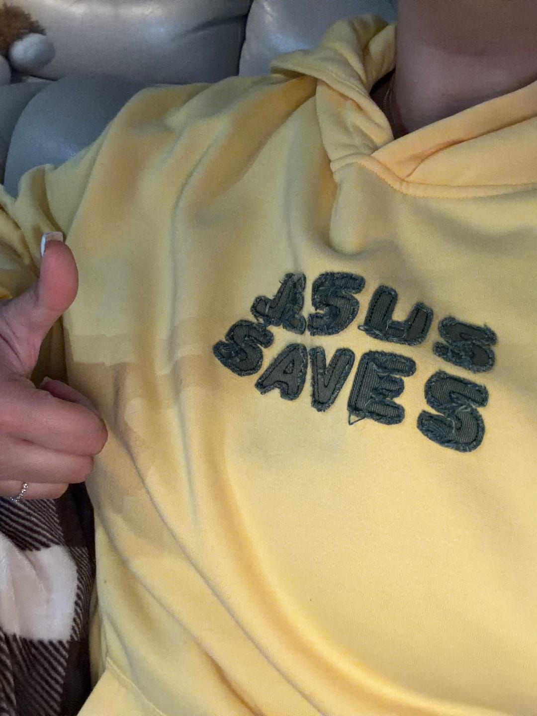 Customer photo review of Jesus Saves Patchwork Hoodie