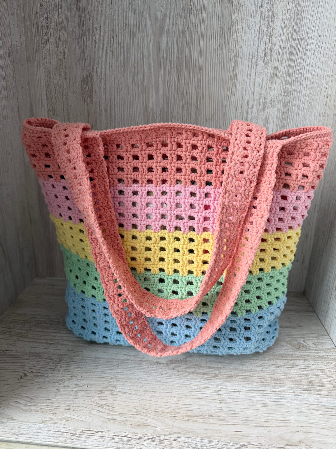 Customer photo review of CrochetPark™ Rainbow Waffle Tote crochet kit