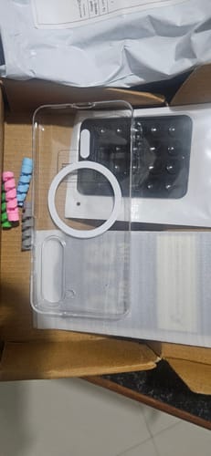 Customer's new Anti Yellow Magsafe Clear Case for Samsung in its open delivery box.