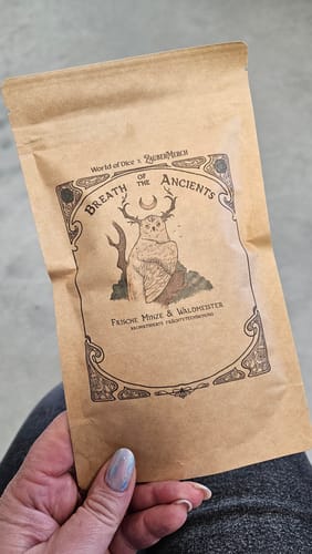 Rezensent hält den Teebeutel 'Breath of the Ancients' aus dem Short Rest Kit in der Hand.