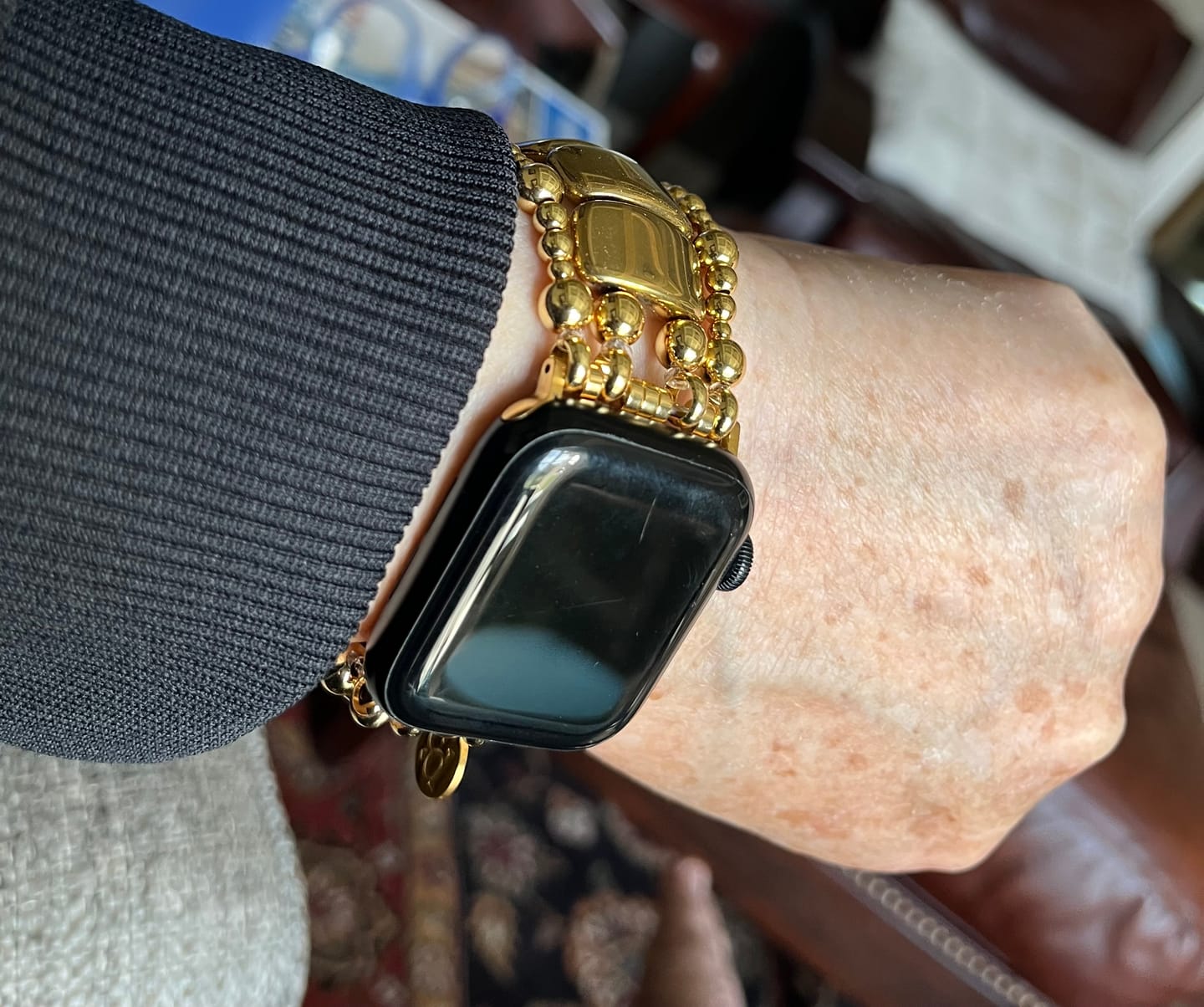 Customer photo review of Gold Noir Stretch Apple Watch Strap