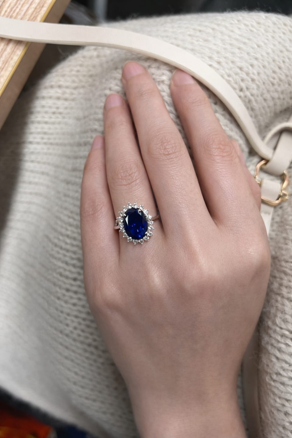 Customer photo review of 4.5 Carat Halo Oval Cut Blue/Red/Green/Yellow Sapphire Engagement Ring In Sterling Silver