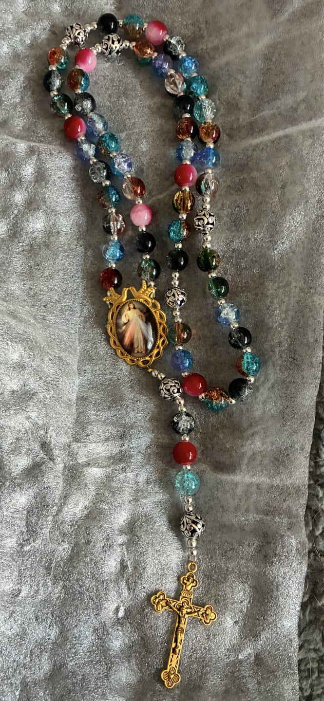 Customer photo review of FREE Today: Gradient Multicolor Glass Bead & Brass Crucifix Rosary with Divine Mercy Medal