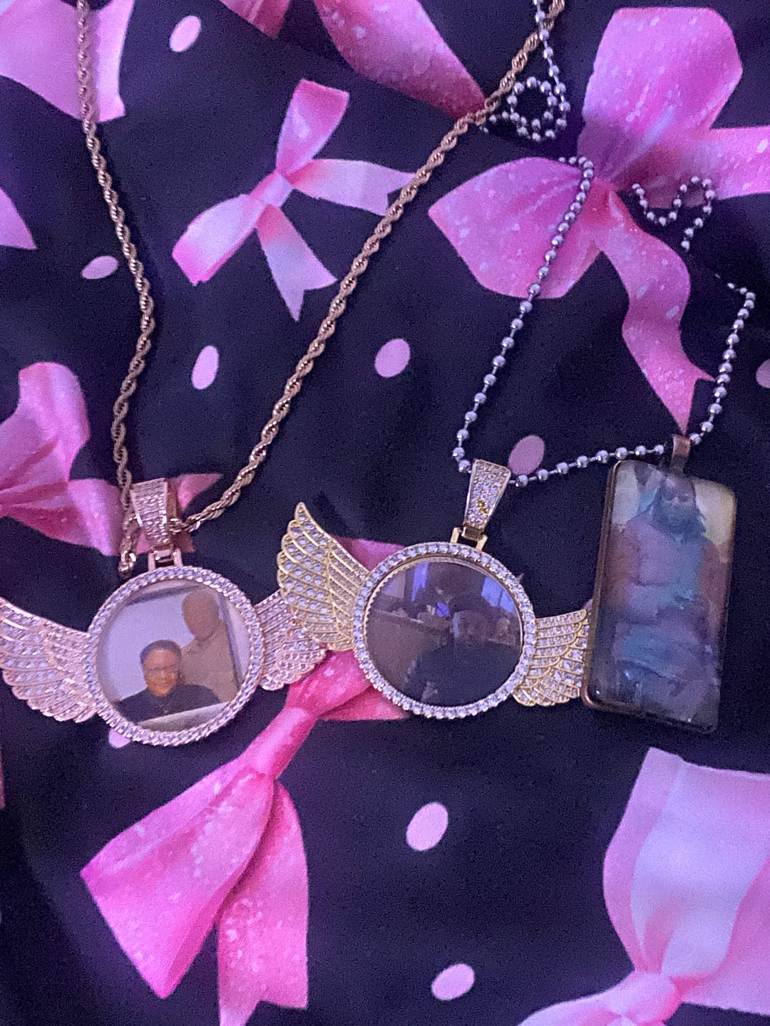 Customer photo review of Diamond Studded Angel Wing Photo Necklace