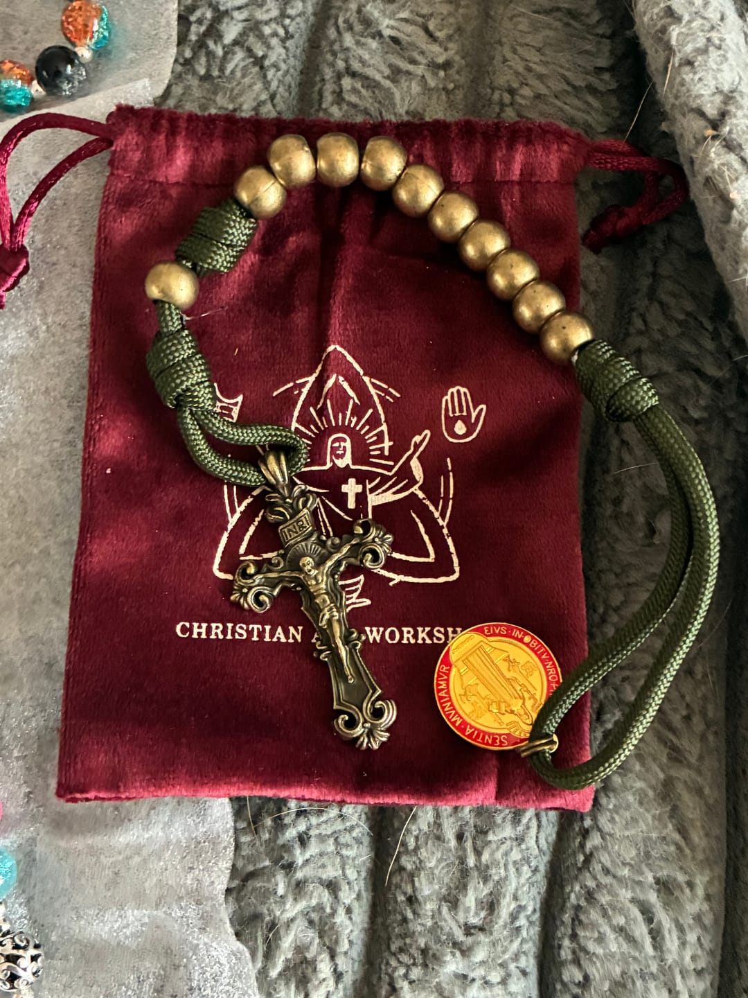Customer photo review of FREE Today: St. Benedict Protection All-Place Portable Bronze Beads Nylon Cord Pocket Rosary