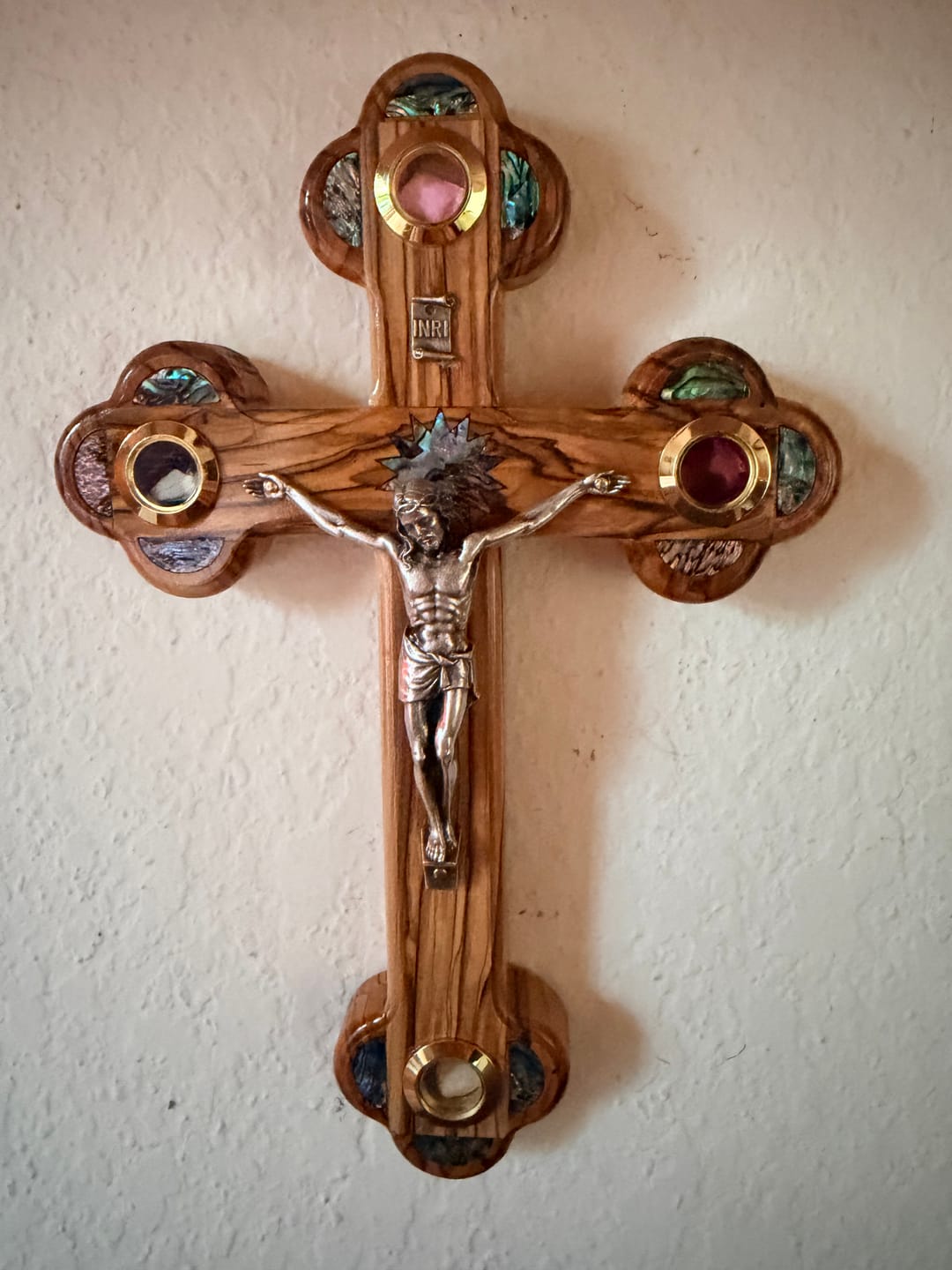 Customer photo review of Olive Wood Crucifix (Partially covered with Mother of Pearl) - Holy Land Crucifixes