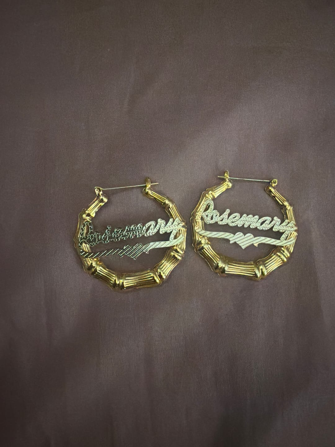 Customer photo review of Double Plated Bamboo Name Hoop Earrings