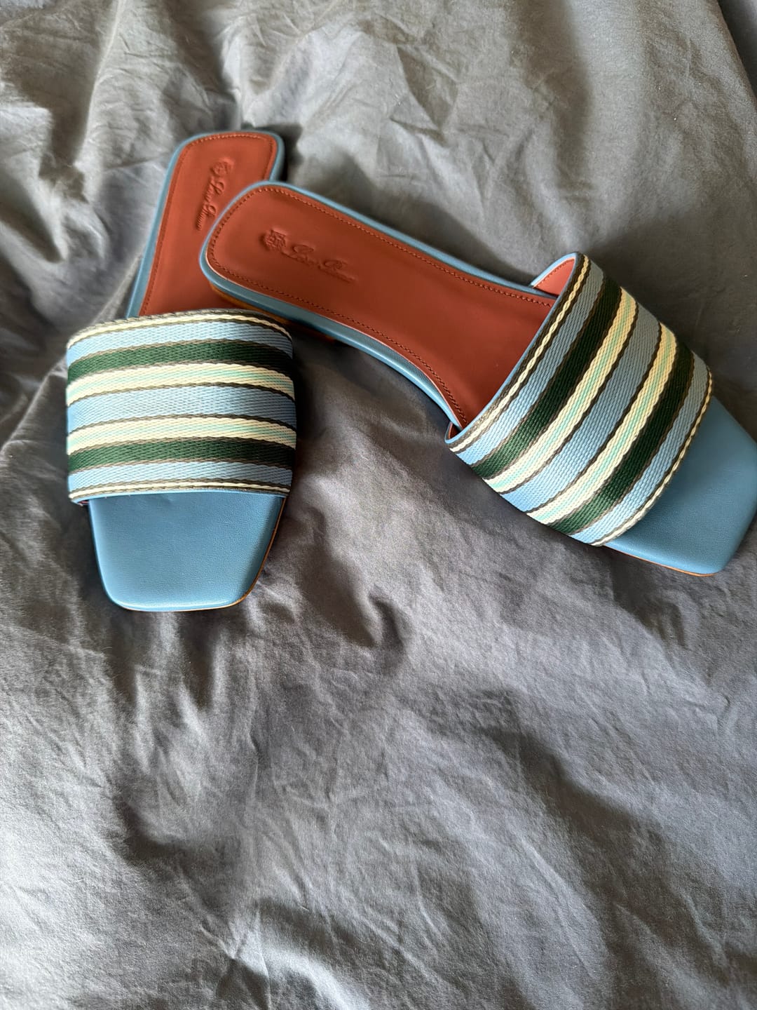 Customer photo review of Suitcase Stripe Flat Sandals Blue Maroon Leather