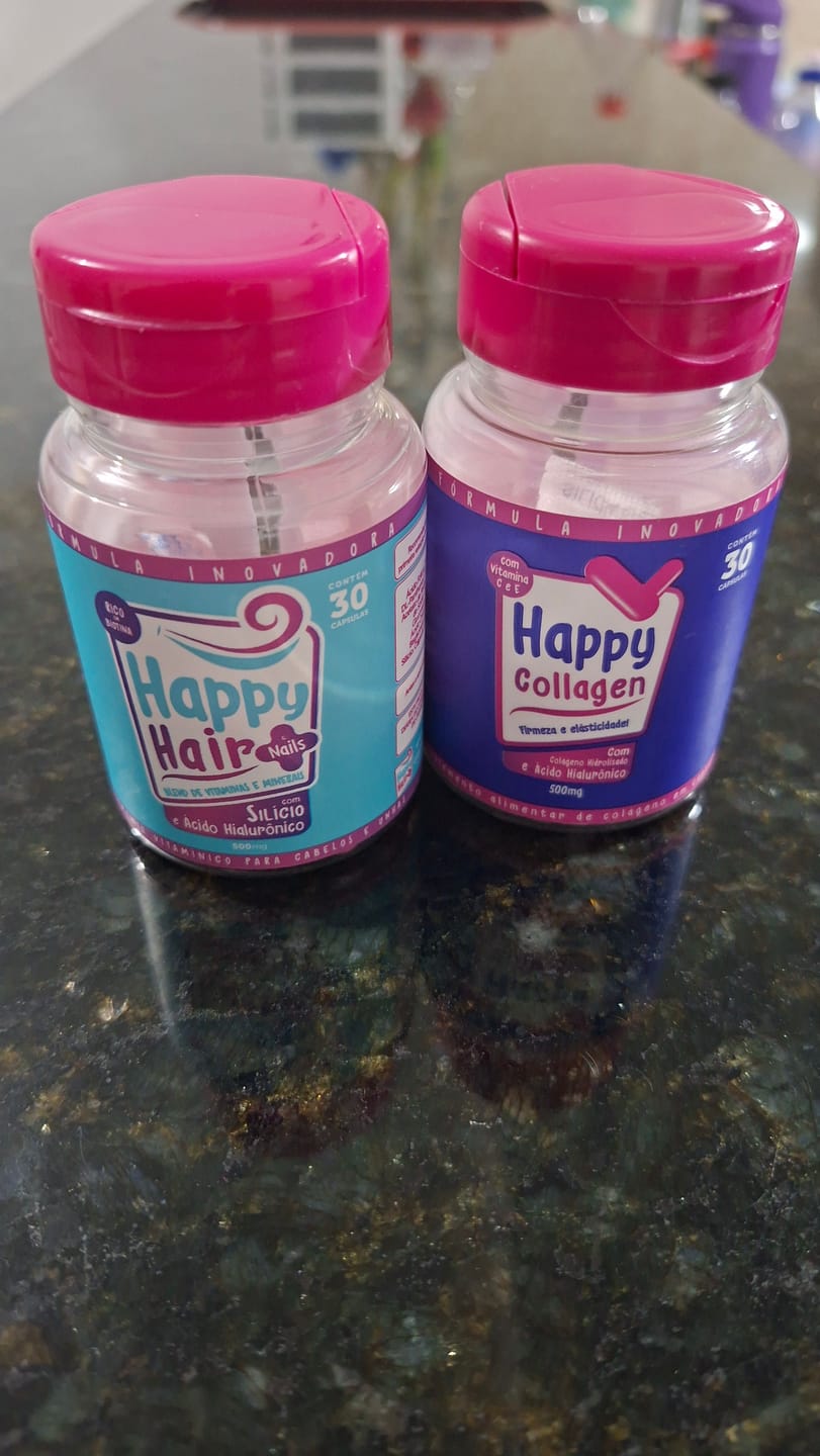 Customer photo review of Happy Hair 3 Potes + 1 Colágeno Grátis