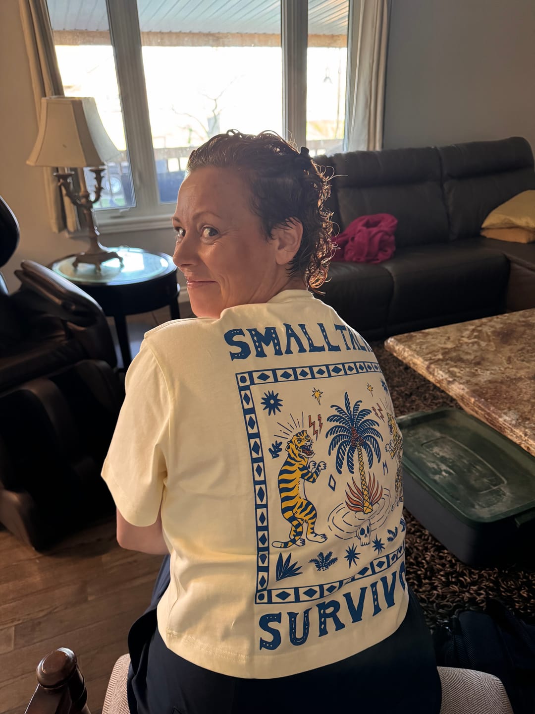 Customer photo review of Small Talk Survivor T-Shirt