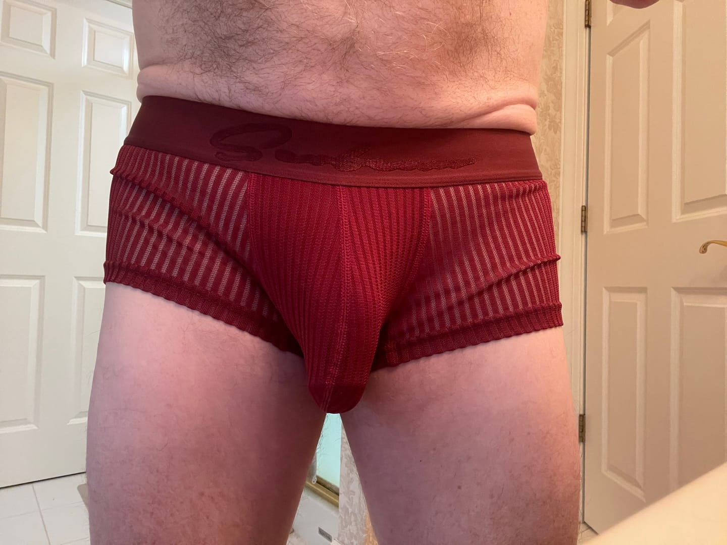 Customer photo review of 3 Pack Men's Striped Mesh Trunks with Comfort Pouch