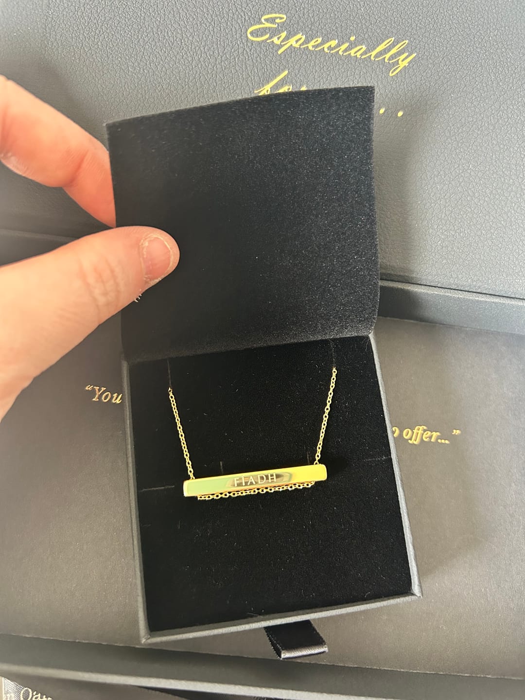 Customer photo review of 4cm Letter Bar Necklace in Gold Horizontal