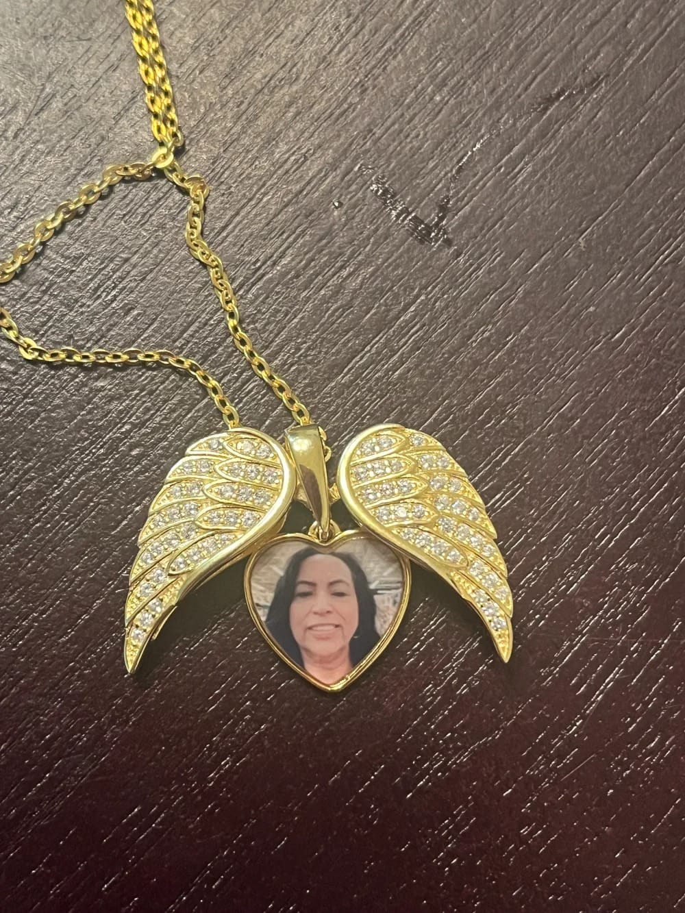 Customer photo review of Custom Angel Wings Heart Photo Necklace CZ