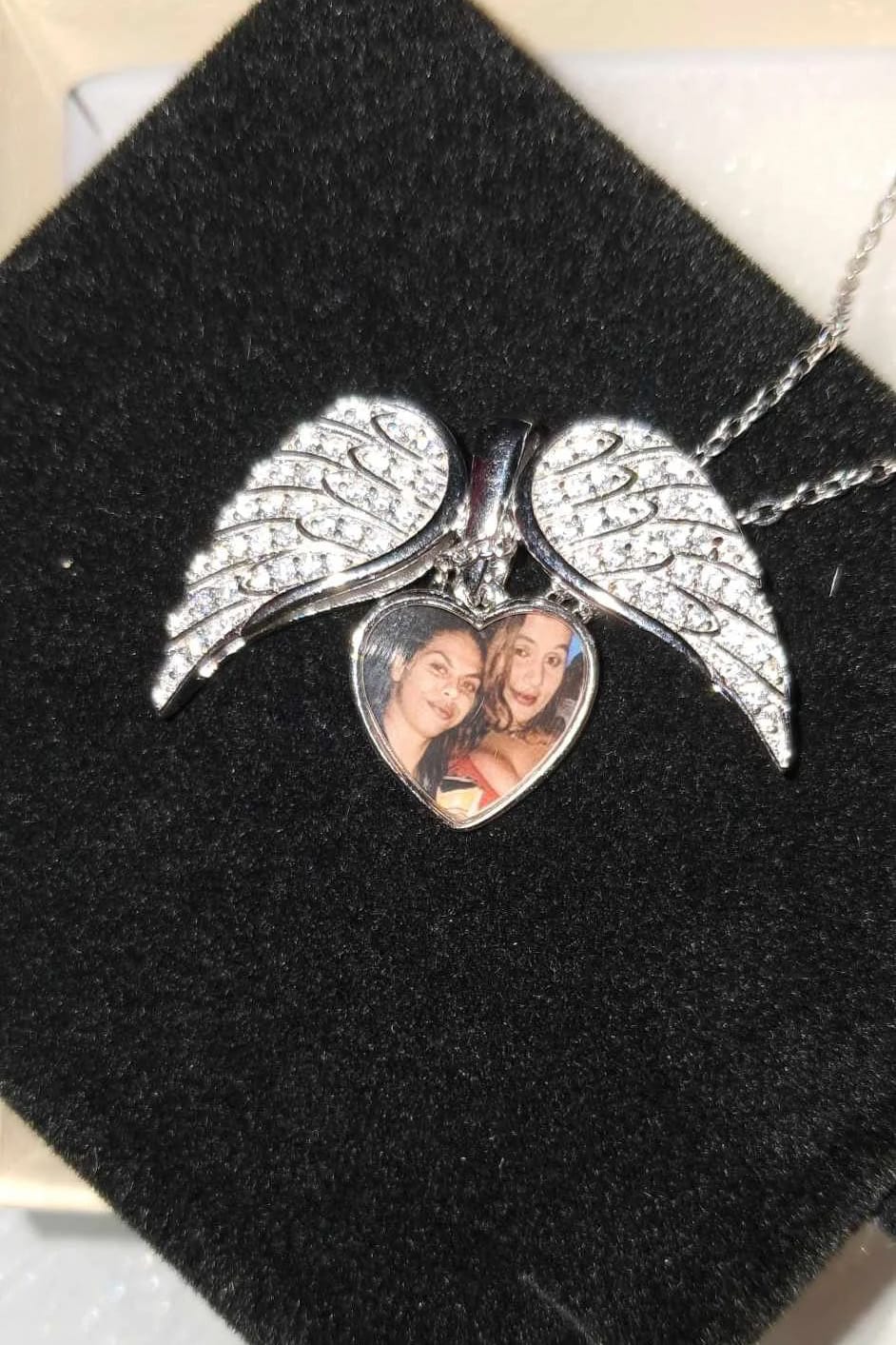 Customer photo review of Custom Angel Wings Heart Photo Necklace CZ