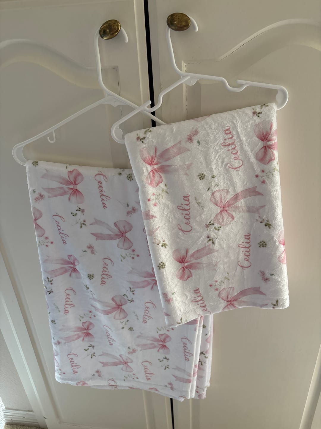 Customer photo review of Little Bow Pink personalized baby blanket