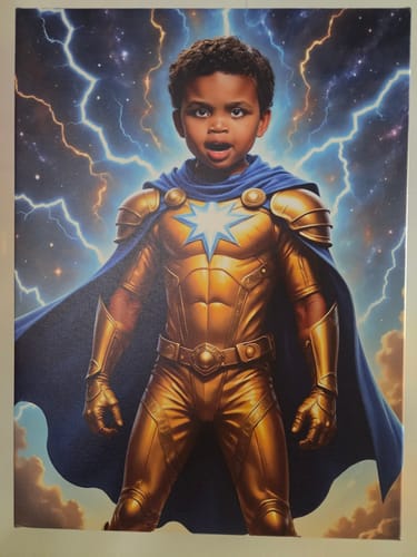 Reviewer's canvas portrait of a child depicted as a superhero in shiny gold armor and a blue cape.