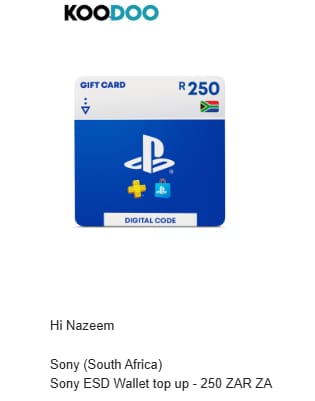 Customer photo review of PlayStation Voucher Wallet Top Up R250. Digital code will be emailed