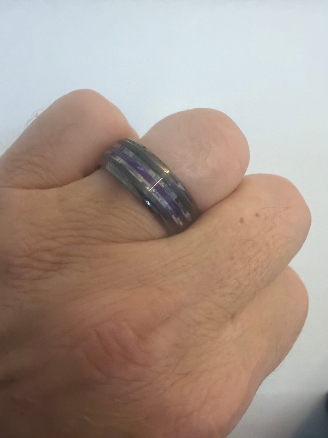 Customer photo review of 8mm - Tungsten Gunmetal wedding Rings, Carbon Fiber W/ Purple Wood Wedding Band