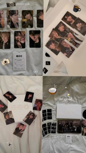 Reviewer's photo collage of the BTS - ARIRANG 5TH ALBUM, showing the packaging and various collectible photocards laid out.