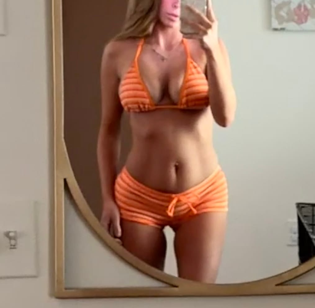 Customer photo review of Seamolly Terry Cloth Toweling Striped Binding Cheeky Boyshorts Bikini Set