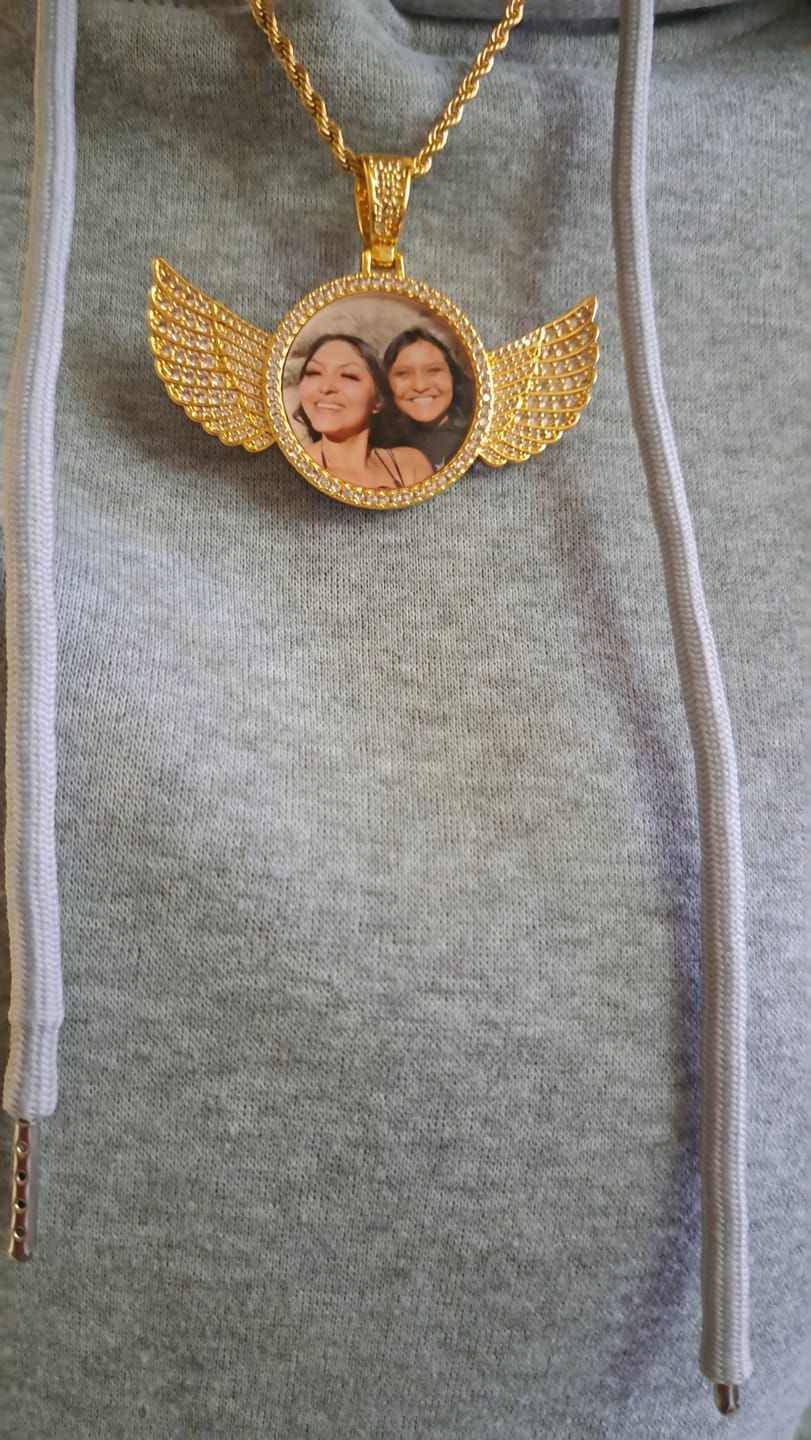Customer photo review of Diamond Studded Angel Wing Photo Necklace