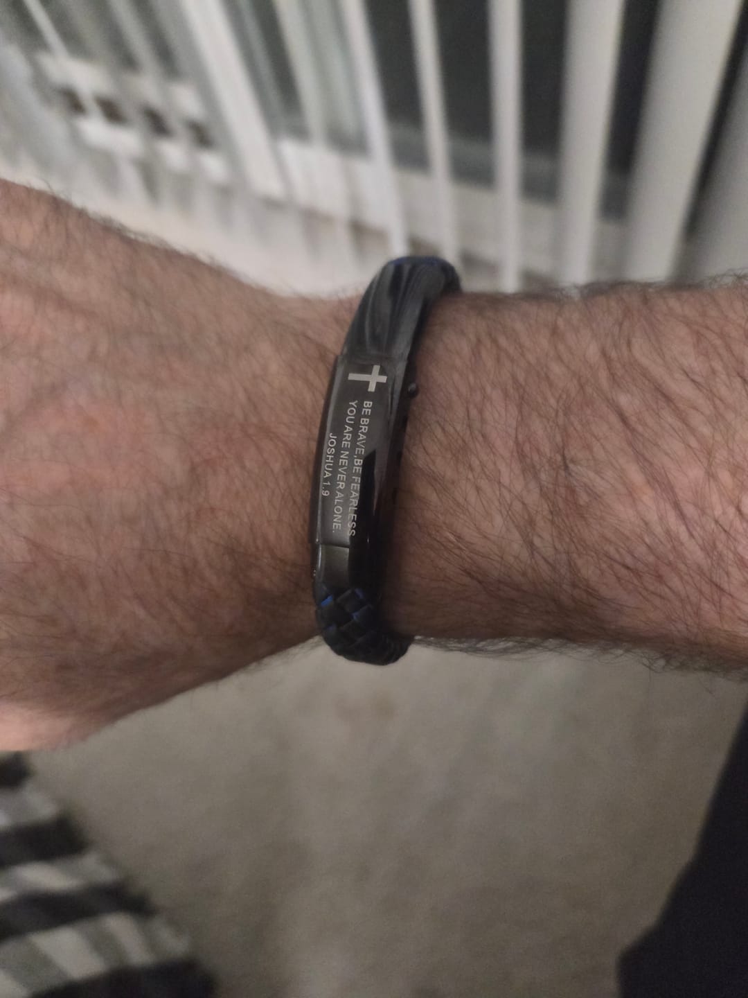 Customer photo review of Christianartworkshop Joshua 1:9 Woven Leather Cross Bracelet: Bold Courage for Daily Wear