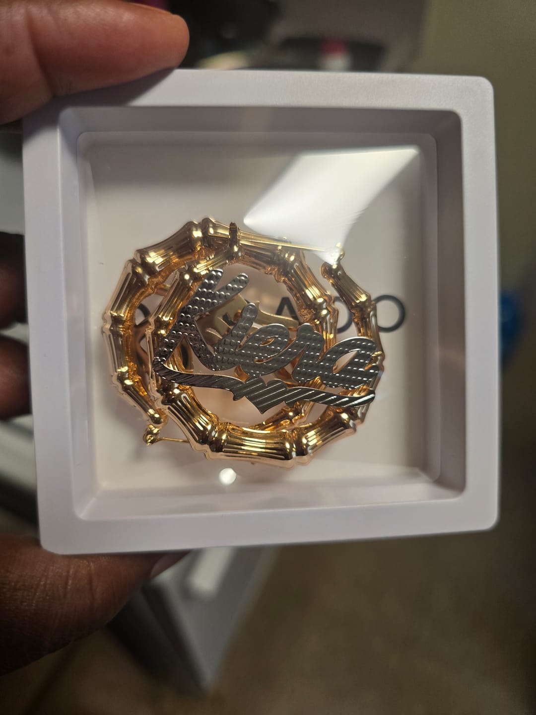 Customer photo review of Double Plated Bamboo Name Hoop Earrings