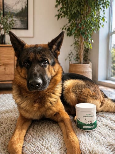Le chien d'un client est couché sur un tapis à côté du pot de Complément articulations (saumon).