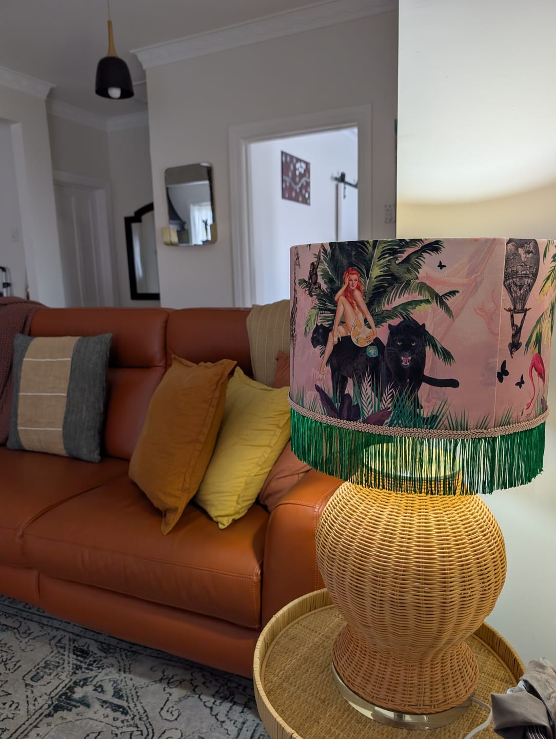 Customer photo review of Queen K Jungle Walk Pink Fringed Drum Lampshade