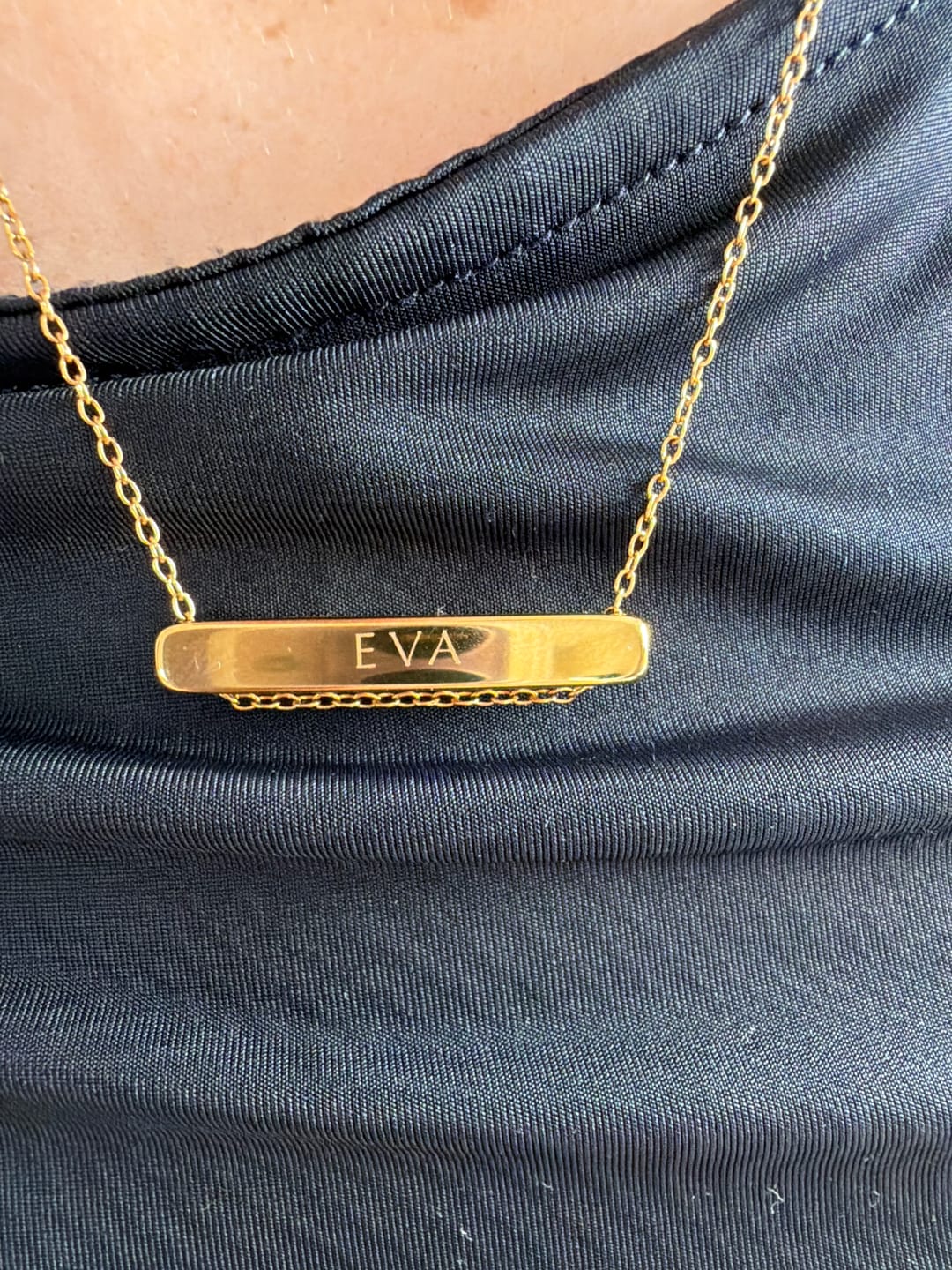 Customer photo review of 3cm Letter Bar Necklace in Gold Horizontal