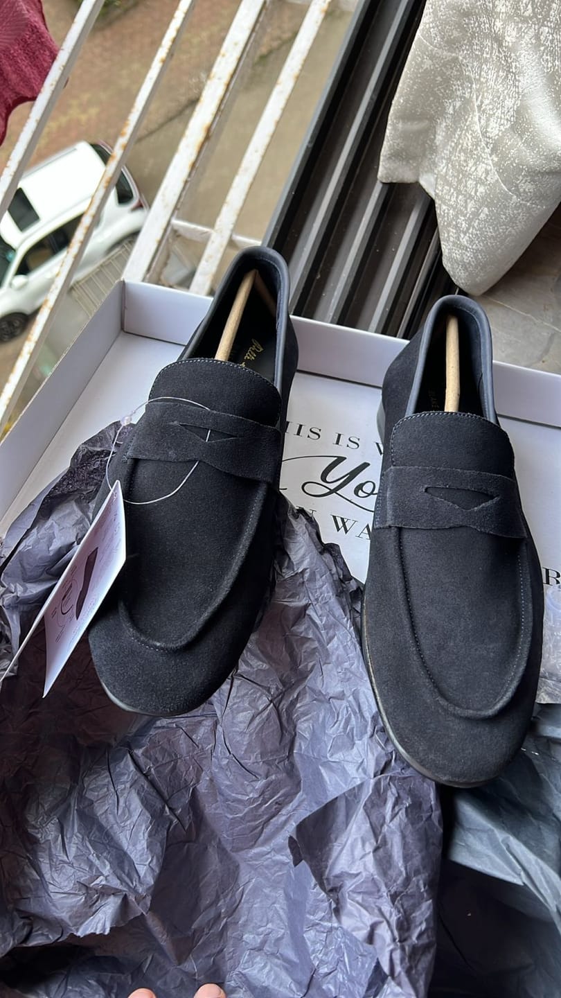 Customer photo review of Blue Suede Penny Loafers - Ultra-Flex