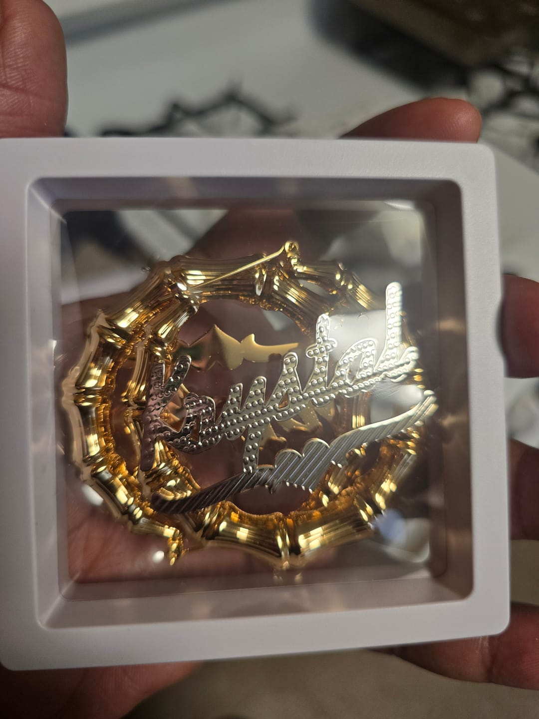 Customer photo review of Double Plated Bamboo Name Hoop Earrings