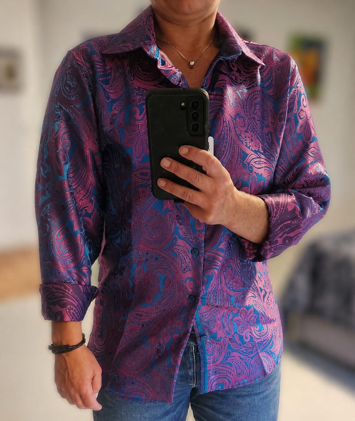 Customer photo review of Barry. Wang Mens Purple Dress Shirt 70s Disco Paisley Shirt Button Down Long Sleeve Tops