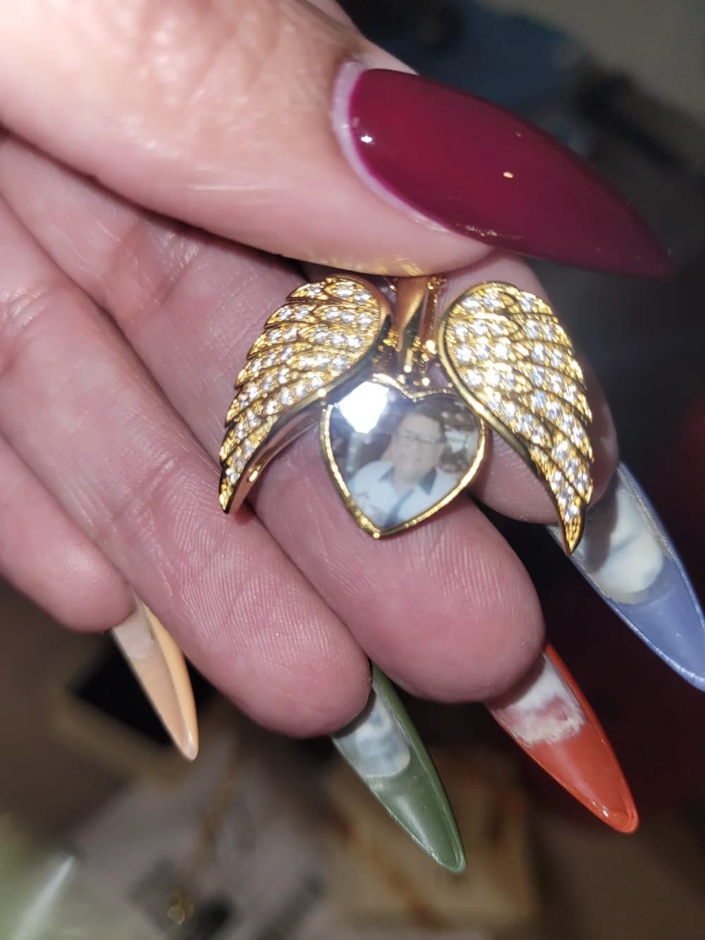 Customer photo review of Custom Angel Wings Heart Photo Necklace CZ