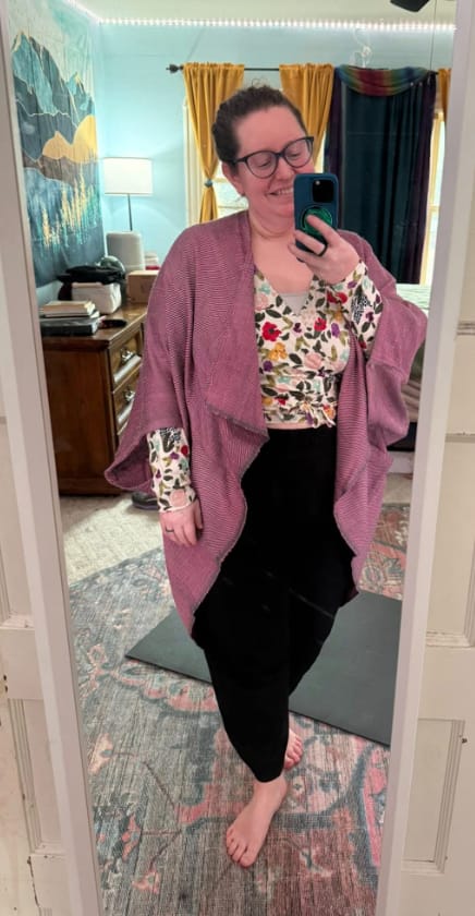 Customer photo review of NEW! JIVA Wool Silk Kimono Sunset