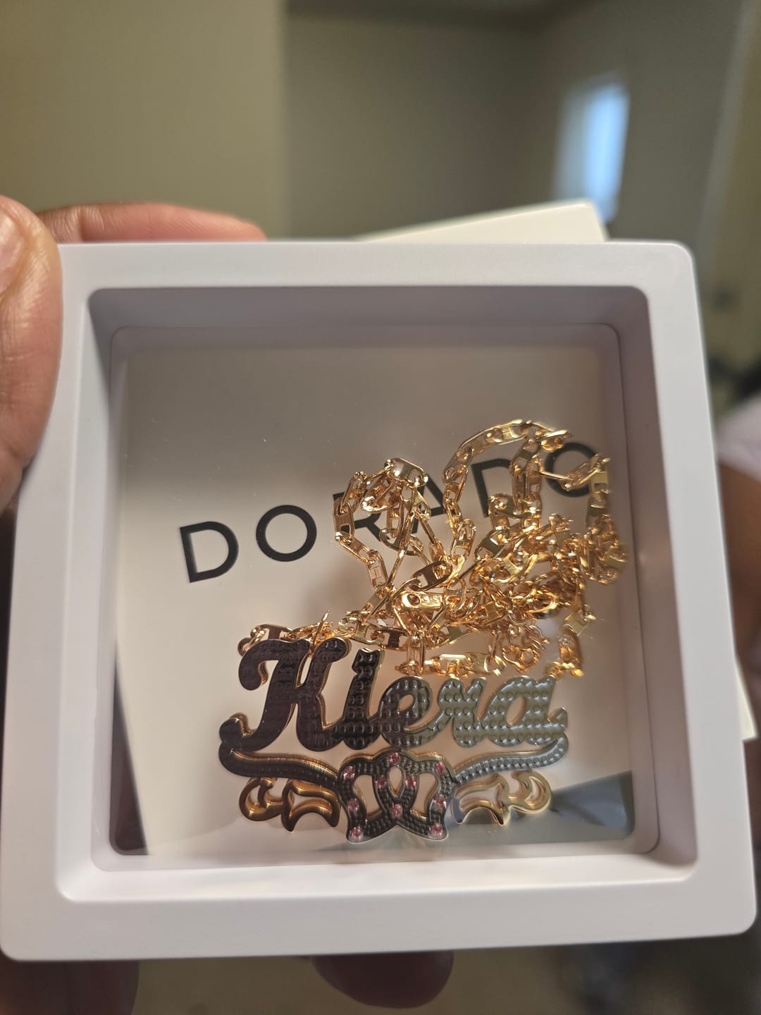 Customer photo review of Double Plated Double Heart Name Necklace w/ Clip Chain
