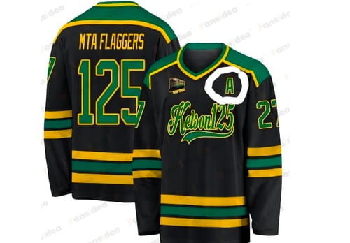 Customer's digital rendering of a custom black, green, and gold hockey jersey with 'Kelson125' on the chest.