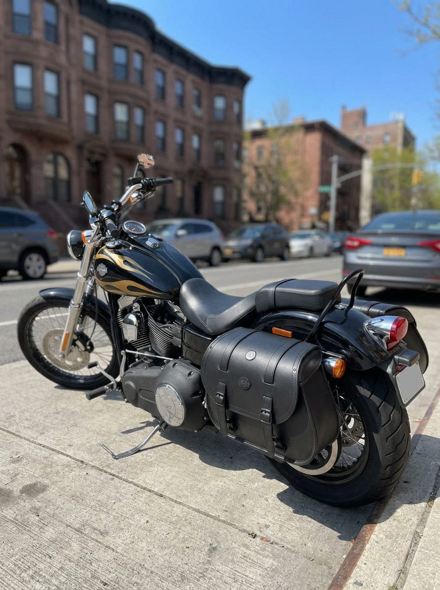 Customer photo review of 30L - Wraith Large Quick-Mount Shock Cutout Leather Saddlebags For Harley Dyna Wide Glide FXDWG/I
