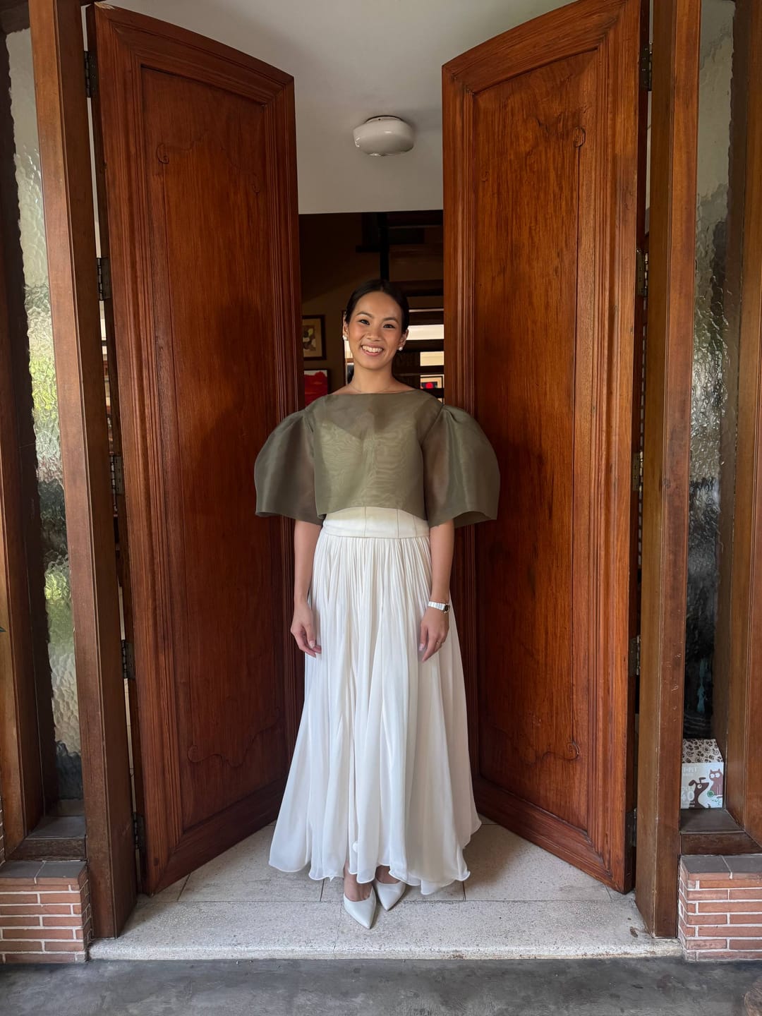 Customer photo review of White Pleated Fit and Flare Maxi
