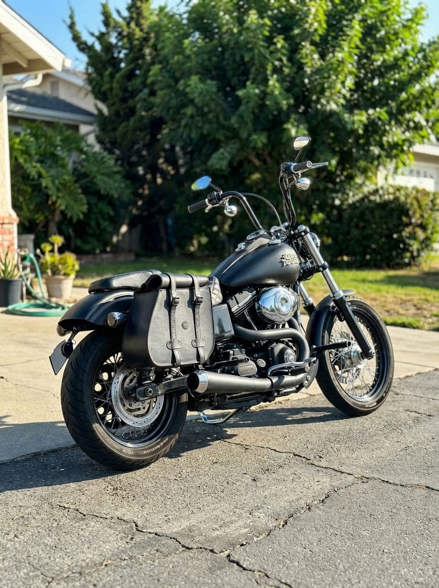 Customer photo review of 45L - Wraith XL Roll-Top Quick-Mount Shock Cutout Saddlebags For Harley Dyna Street Bob FXDB/I