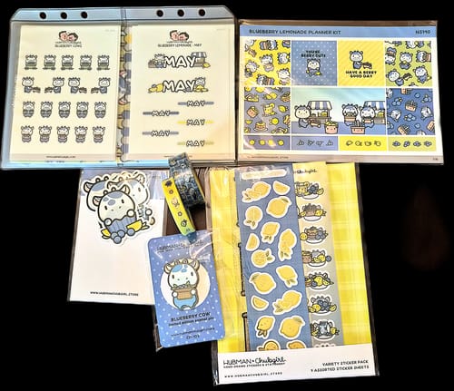 Customer's Ultimate Subscription contents, showing cute sticker sheets, a planner kit, and accessories for a monthly theme.