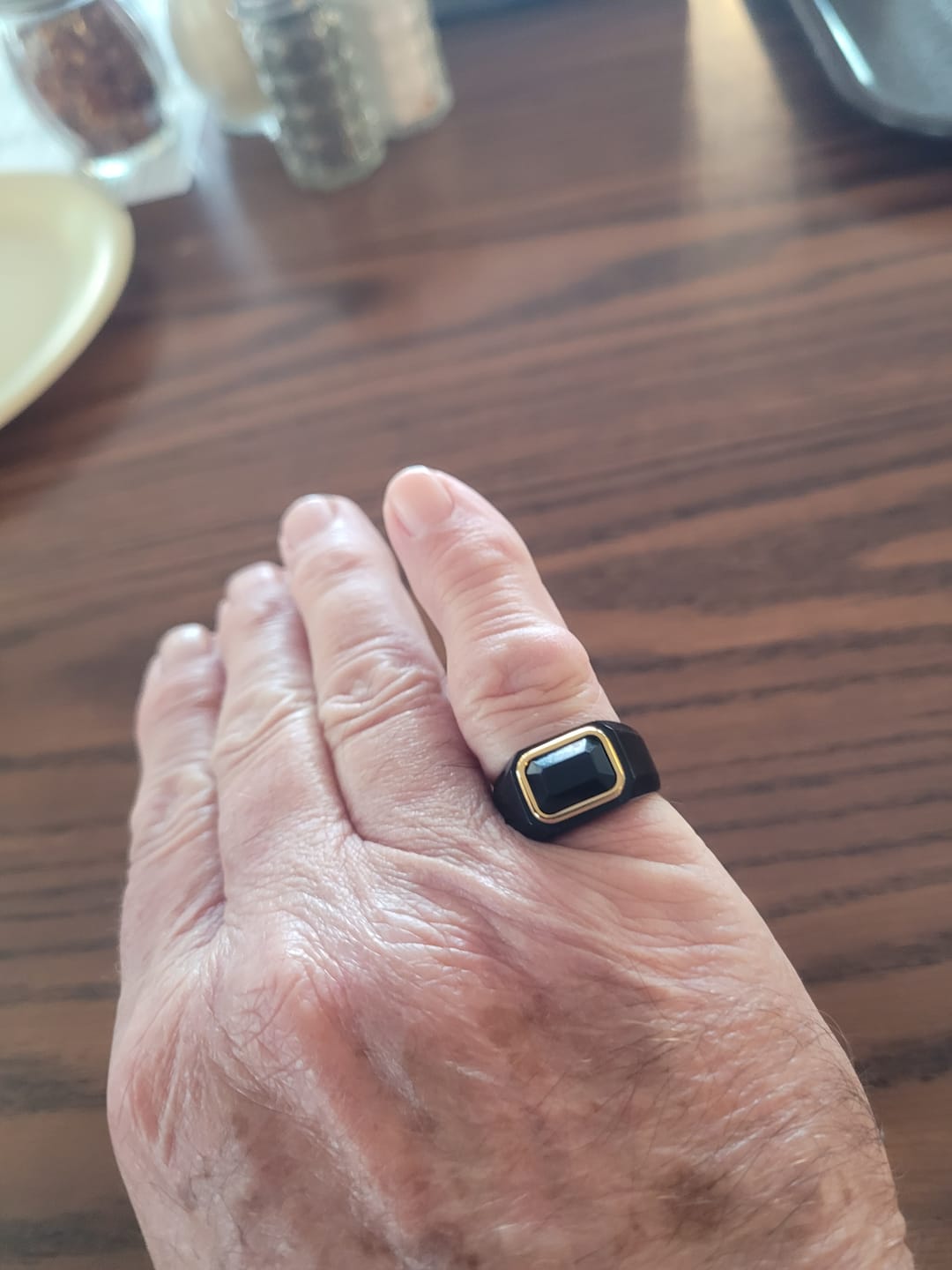 Customer photo review of Black Titanium Signet Ring with Black Onyx Outlined in Gold Plating
