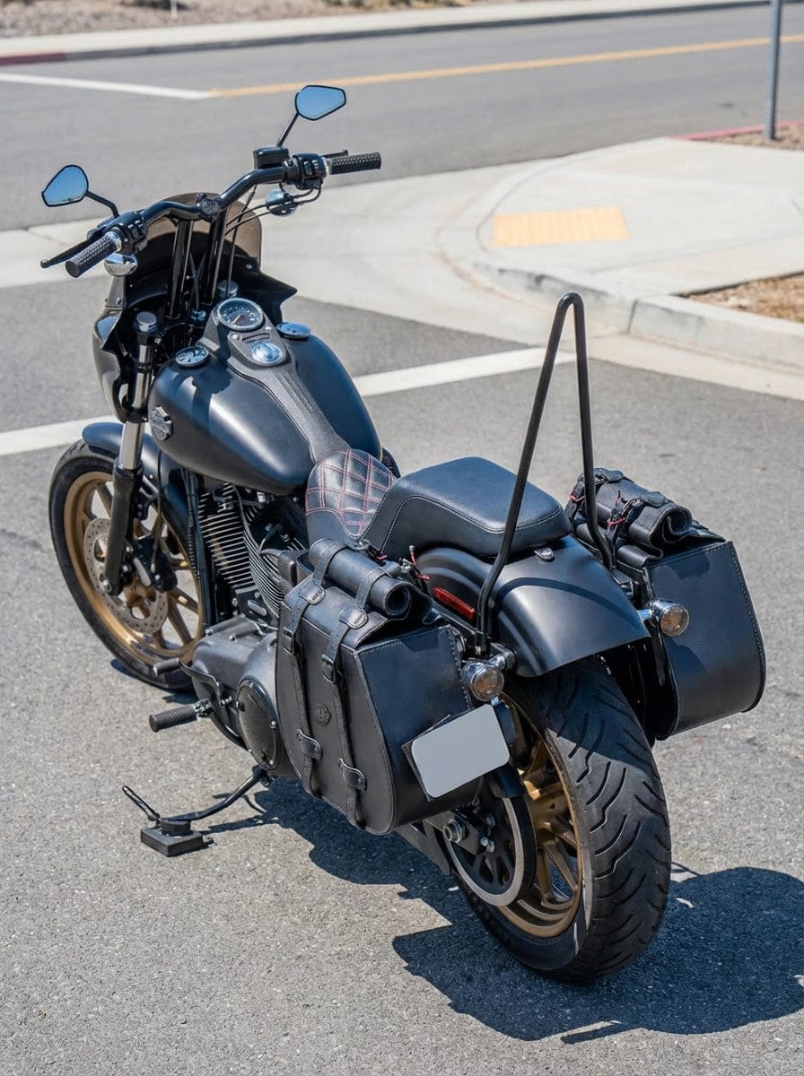 Customer photo review of 45L - Wraith XL Roll-Top Quick-Mount Shock Cutout Saddlebags For Harley Dyna Street Bob FXDB/I