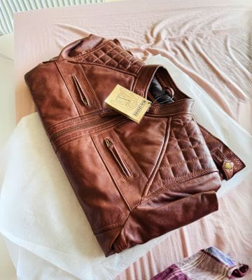 Customer photo review of Men's Cognac Brown Quilted Biker Style Leather Jacket