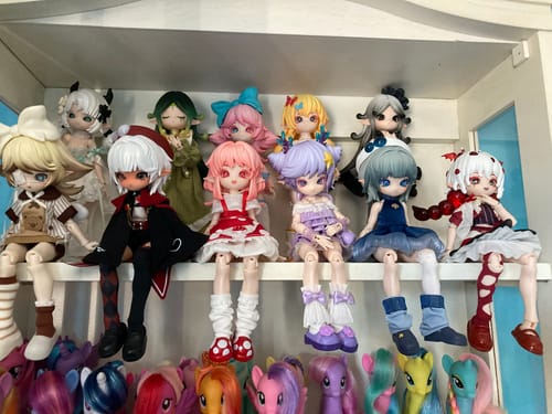 Customer's collection of varied Mogo Bloom Series action figures displayed on a shelf.